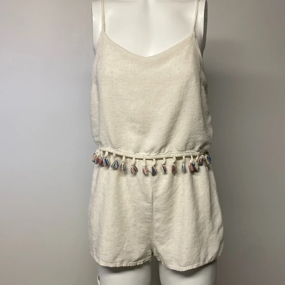 PAPER CRANE Anthropologie Rainbow Fringe Tassel Linen Cream Romper Womens Small - Picture 1 of 8